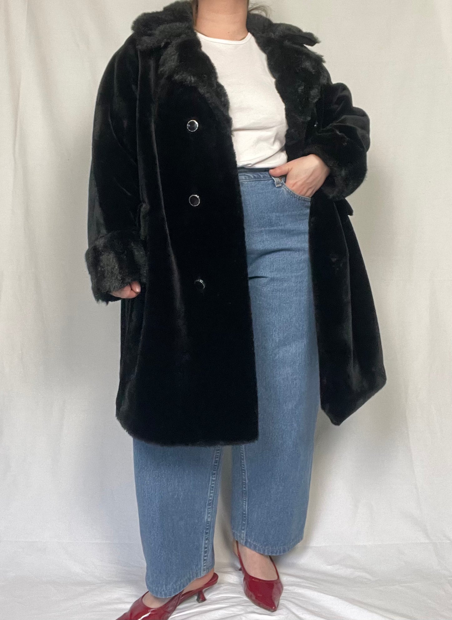 Vintage Black Faux Fur Contrast Fabric Jacket