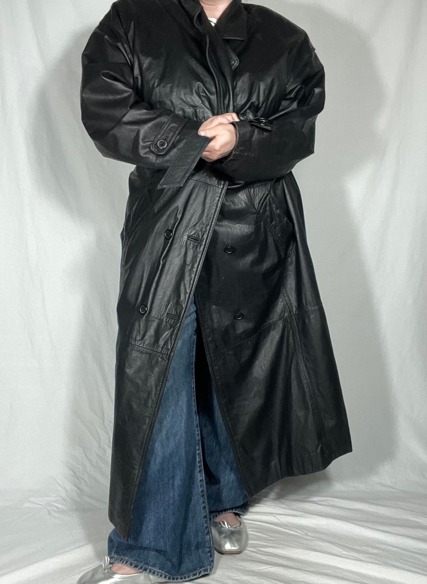 Vintage Leather Tie Waist Trench Coat