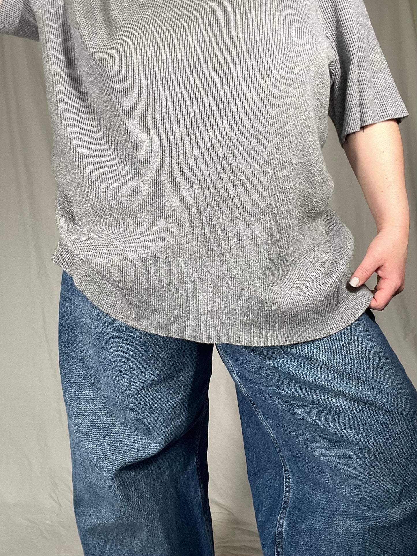 Gray Ribbed U Neck Knit Top