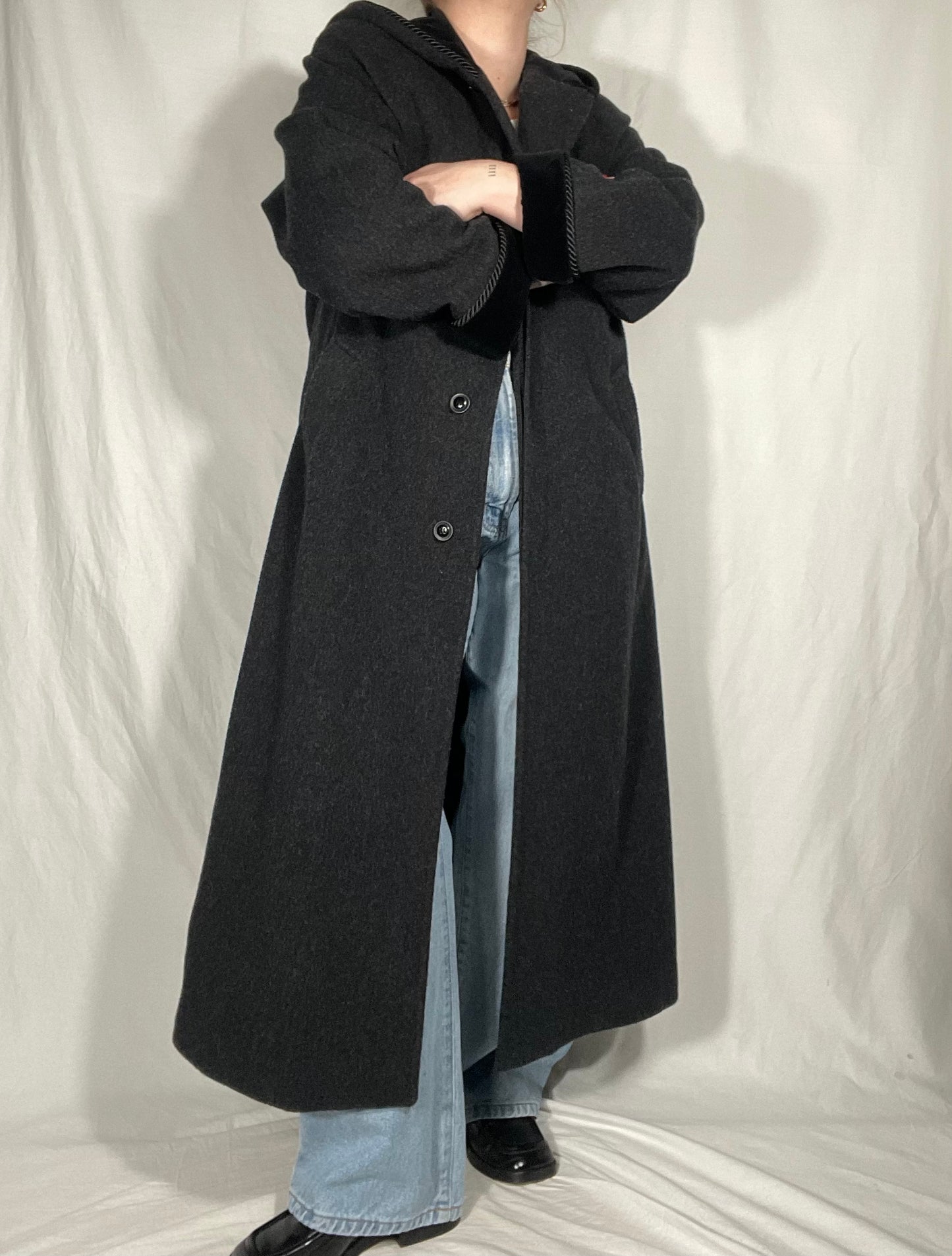 London Fog Charcoal Grey Wool Maxi Trench Coat