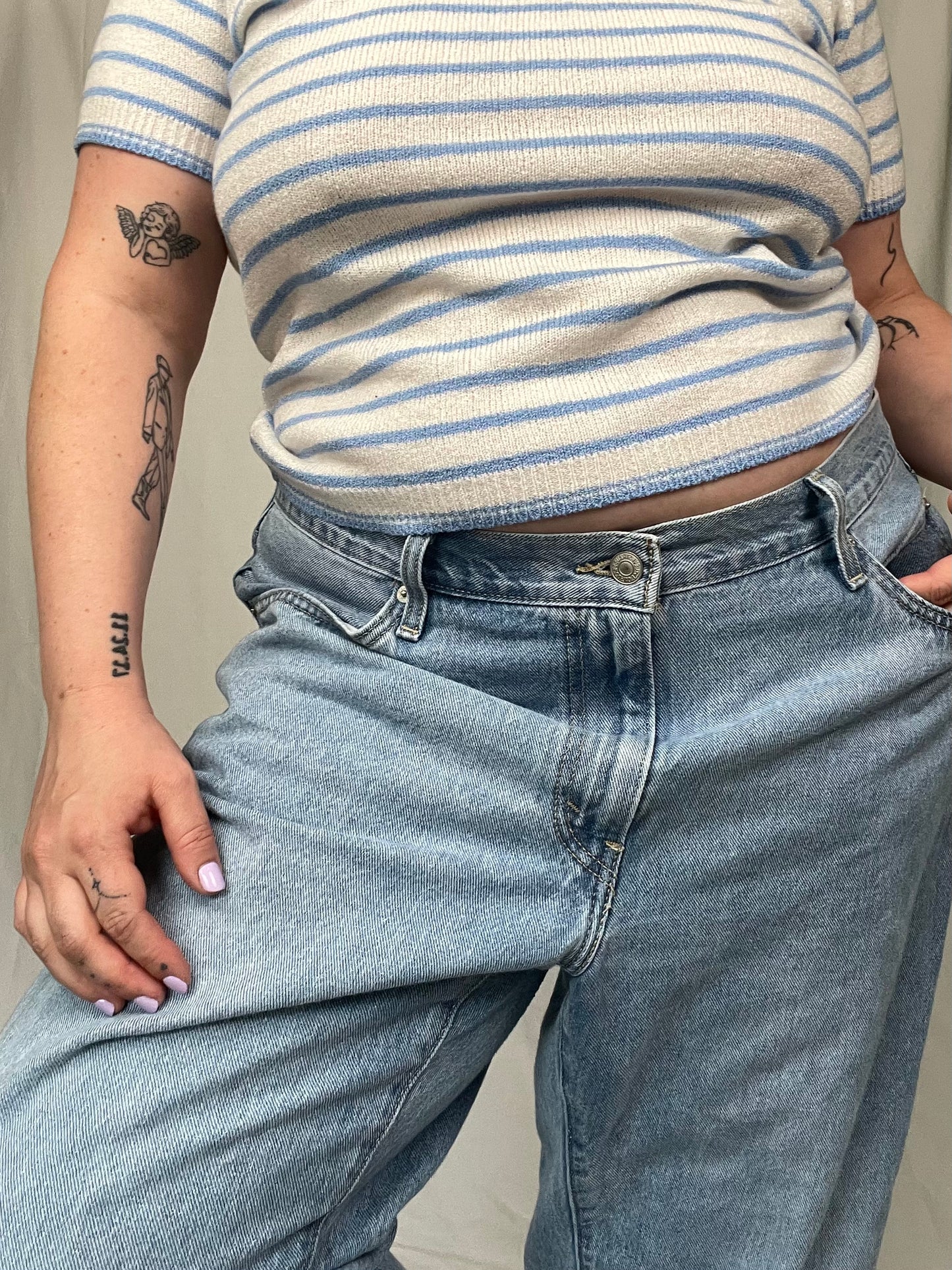 Retro Blue and White Striped Collared Knit Top