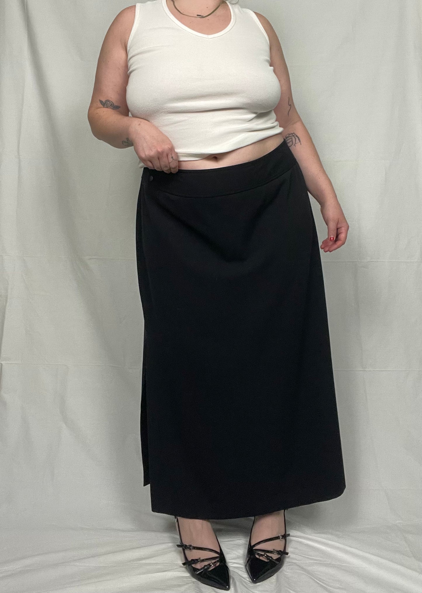 Vintage Black Side Slit Midi Skirt