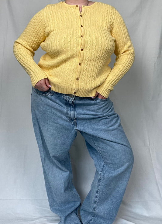 Retro Butter YelloW Cable Knit Sweater Button Front Top