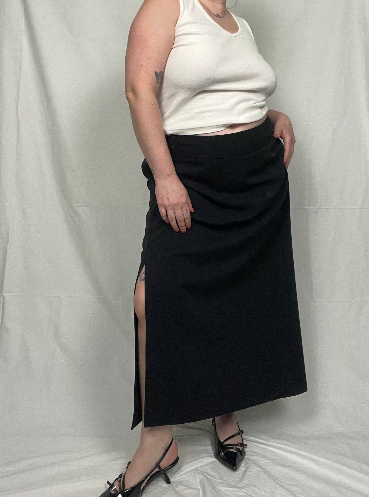 Vintage Black Side Slit Midi Skirt