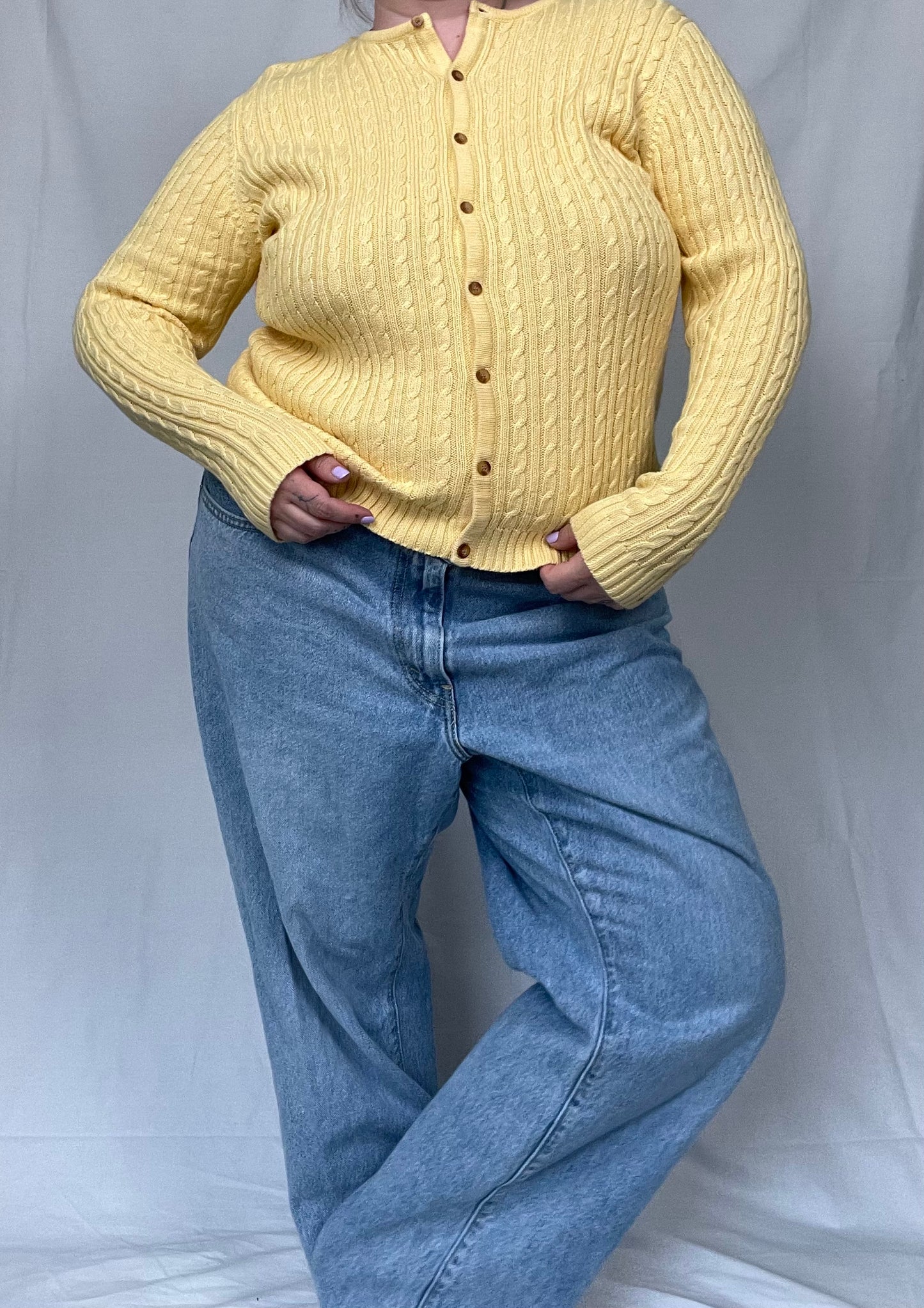 Retro Butter YelloW Cable Knit Sweater Button Front Top