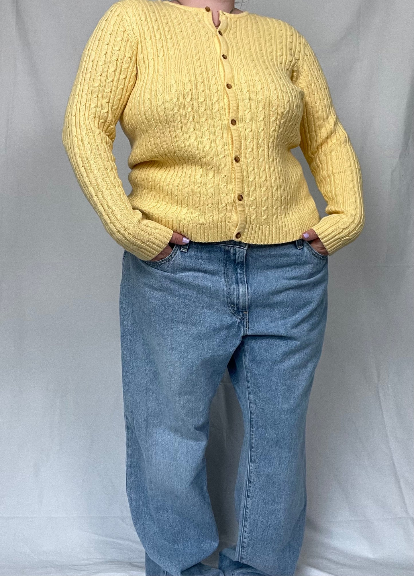 Retro Butter YelloW Cable Knit Sweater Button Front Top