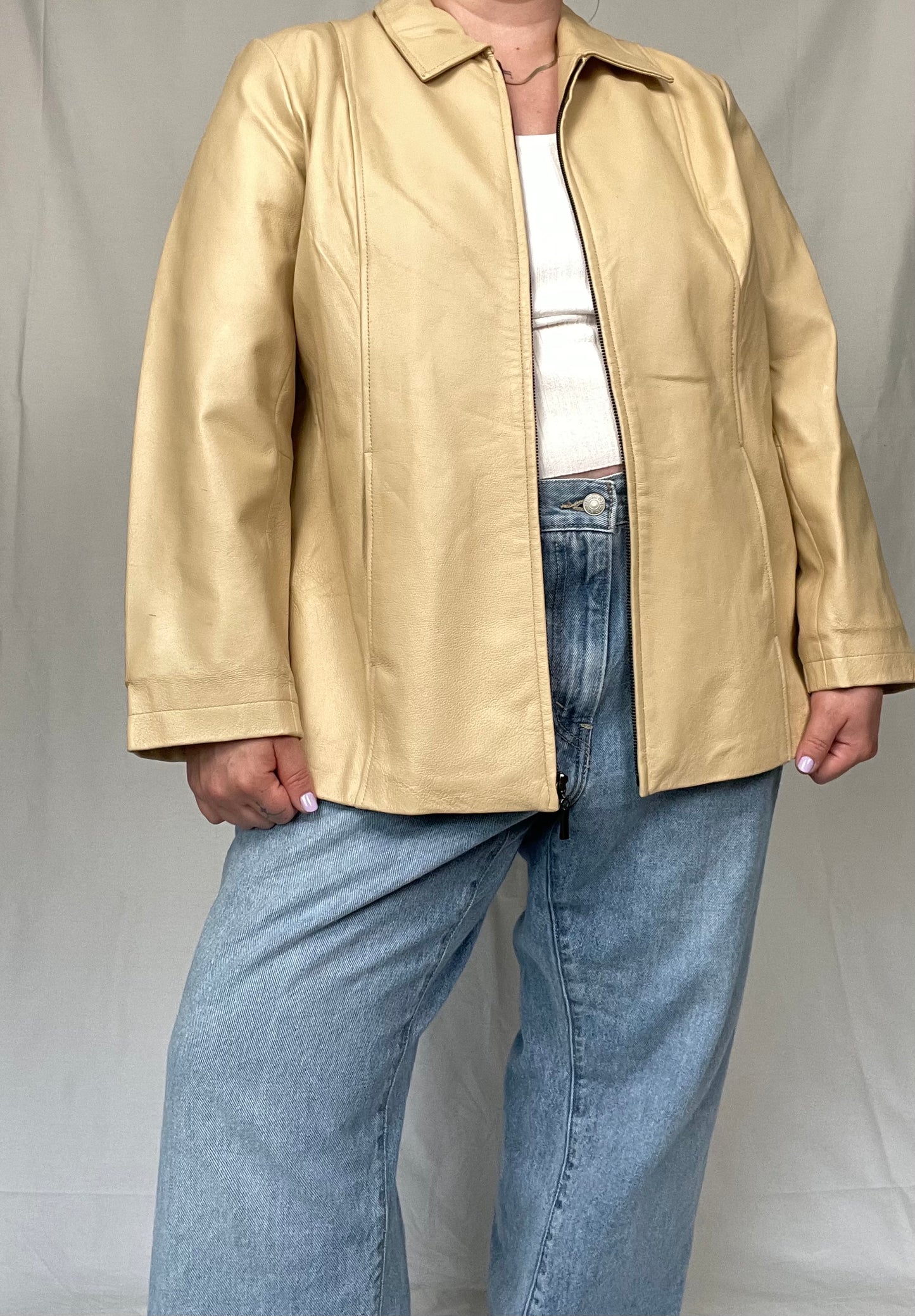 Y2K Cream Zip Front Leather Jacket