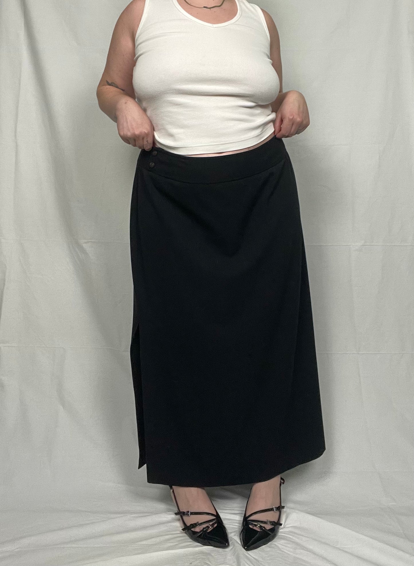 Vintage Black Side Slit Midi Skirt