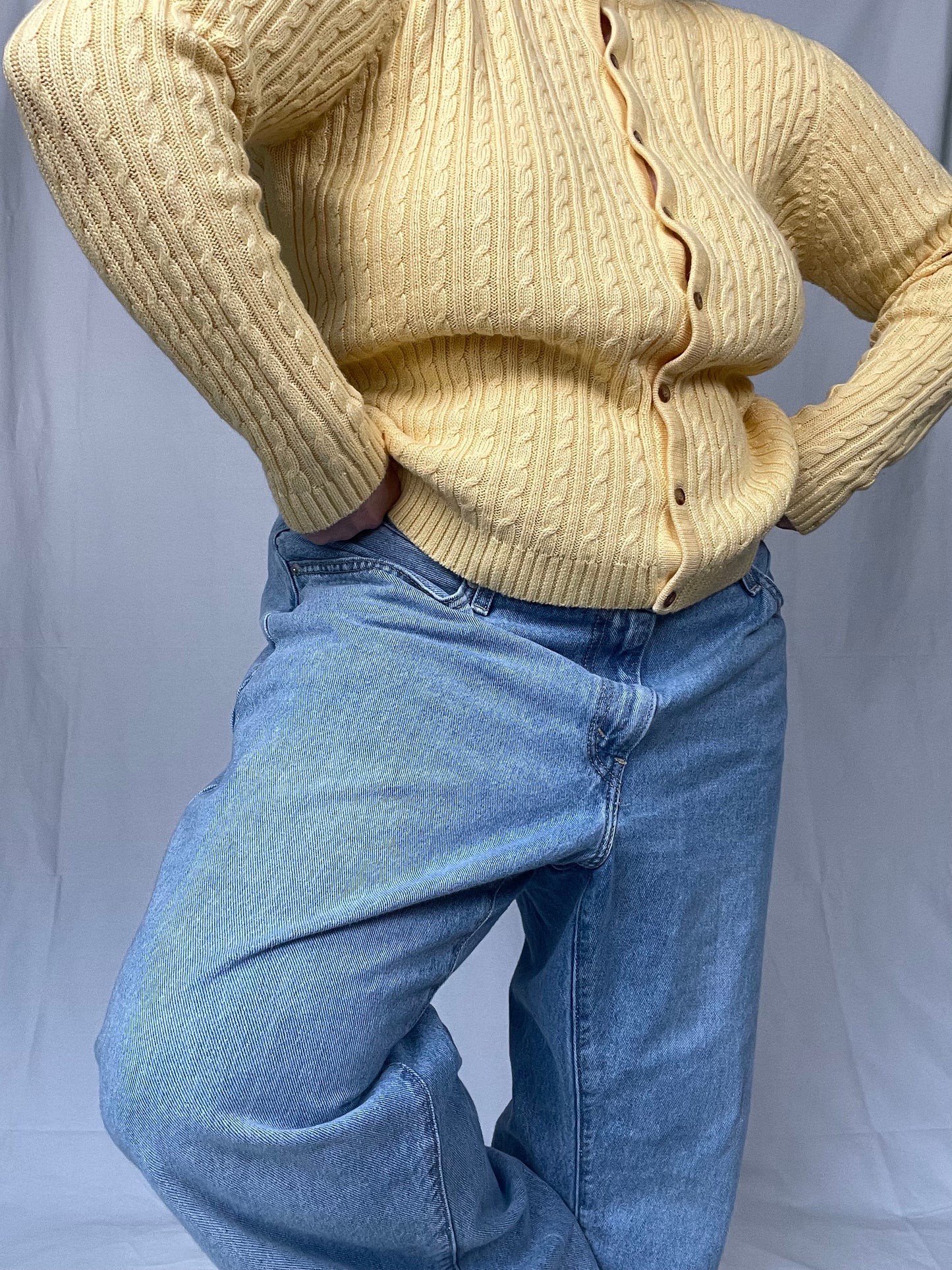 Retro Butter YelloW Cable Knit Sweater Button Front Top