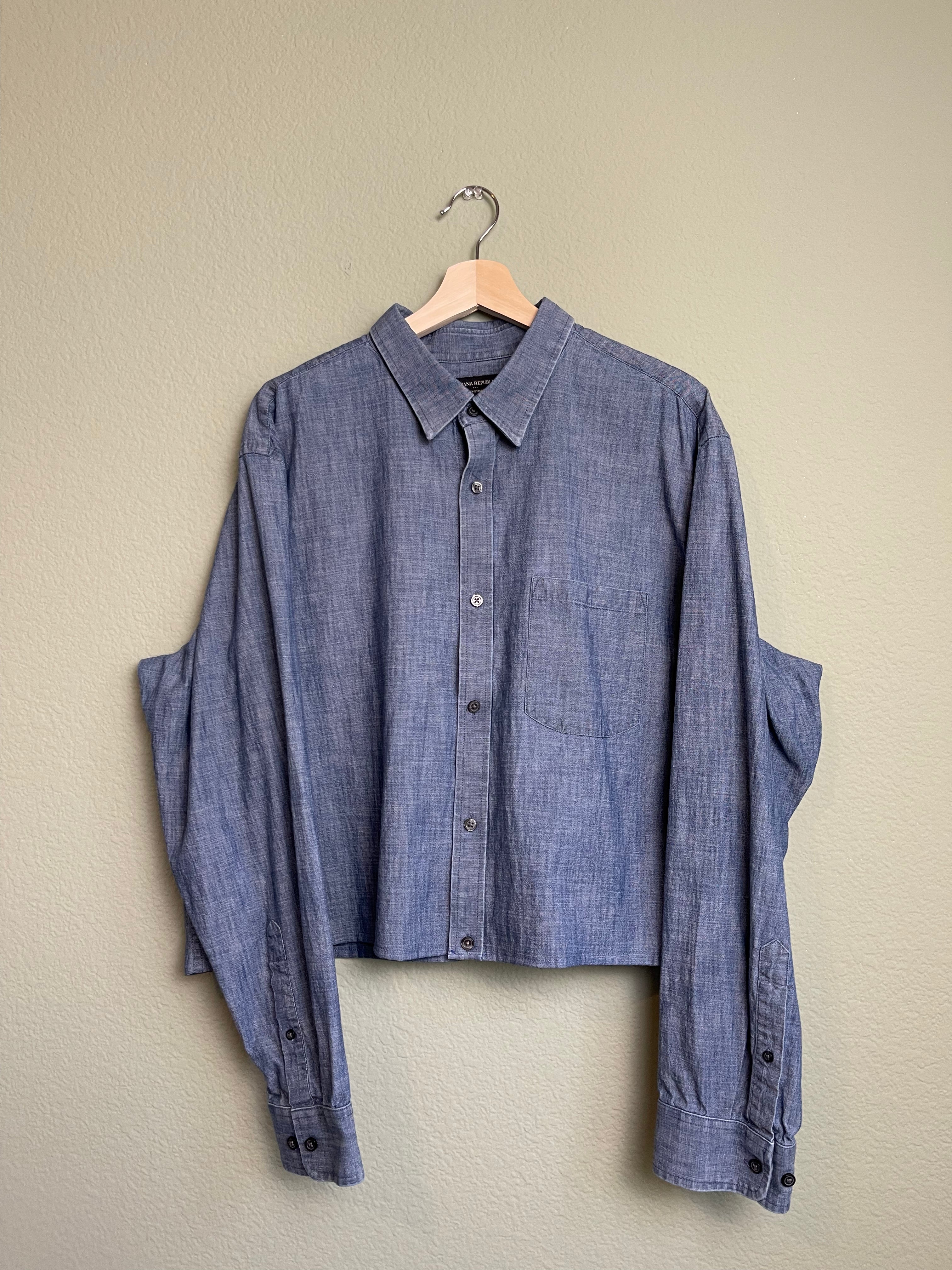 Chambray Denim-Like Navy Cropped Button Down sz xl-2x
