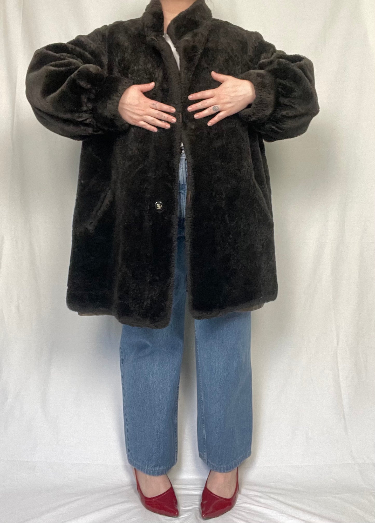 Vintage Reversible Dark Chocolate Brow Faux Fur Jacket