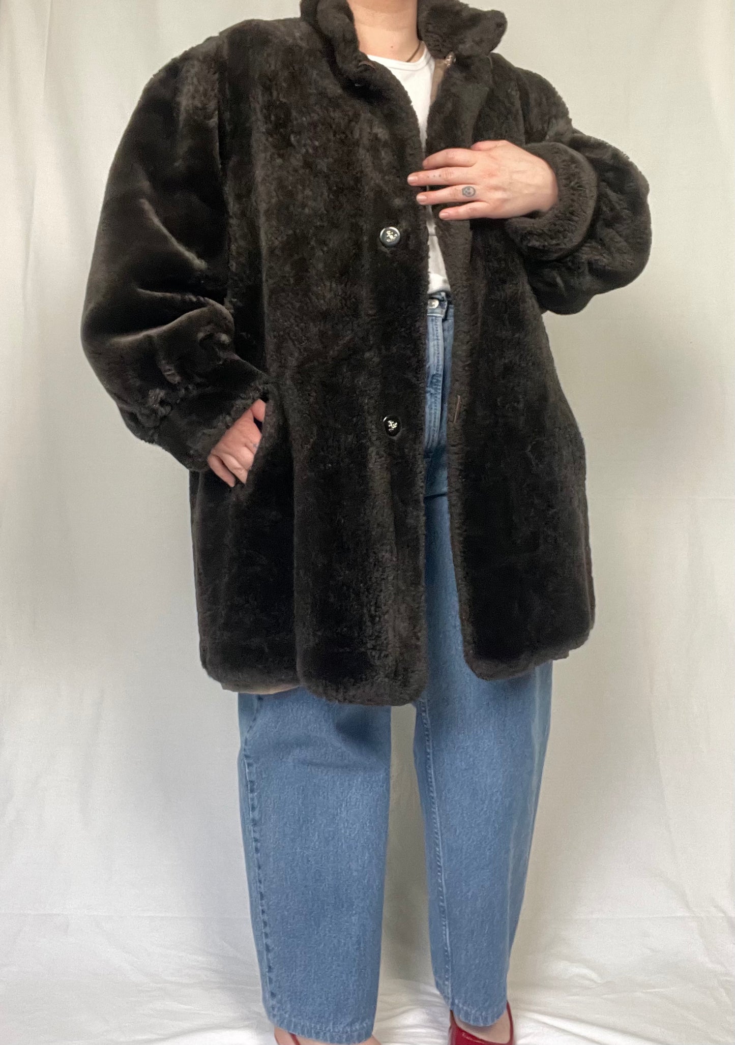 Vintage Reversible Dark Chocolate Brow Faux Fur Jacket